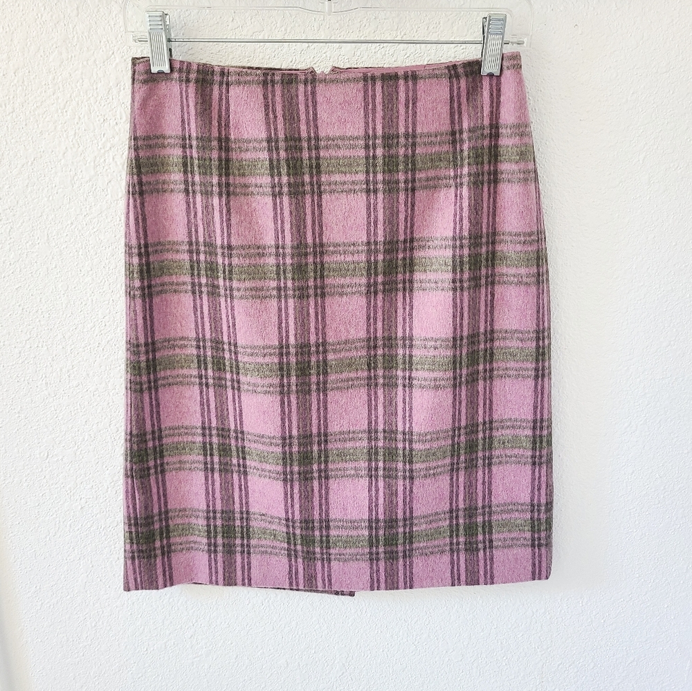 LOFT Wool Pink and Gray Plaid Pencil Skirt